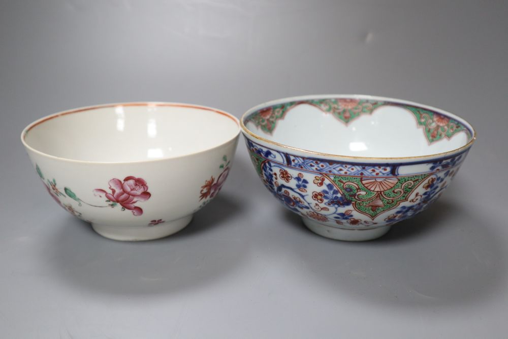 A Chinese Kangxi clobbered bowl and a Chinese Qianlong famille rose bowl